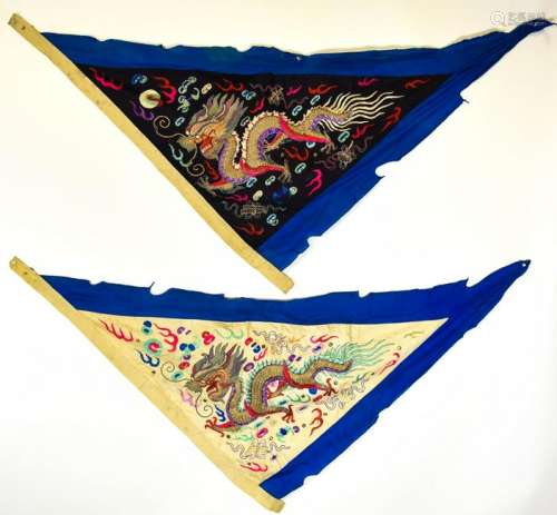 2 Antique Asian Silk Triangle Tapestries Dragons