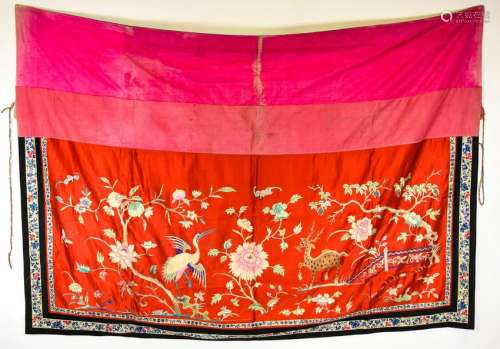 Large Antique Asian Silk Tapestry Crane, Antelope