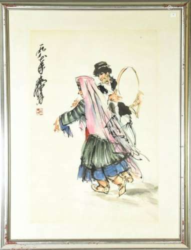 Chinese Watercolor Painting Woman & Man Signed