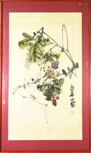 Chinese Watercolor Painting Grapes & Vine Signed