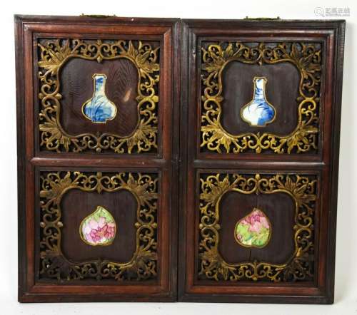 Pair Chinese Wall Plaques W Inlaid Porcelain