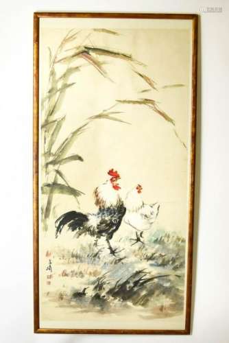 Chinese Watercolor Painting of Rooster & Hen