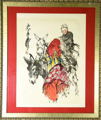 Chinese Watercolor Painting of Boy & 2 Donkys