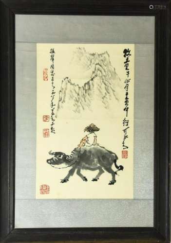 Chinese Painting of Boy on Water Buffalo Signed