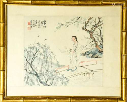 Chinese Painting of Lady in Garden Signed