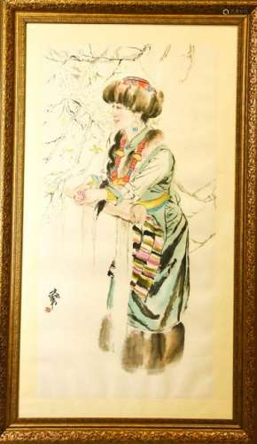 Chinese Painting of Woman & Plum Branches Signed