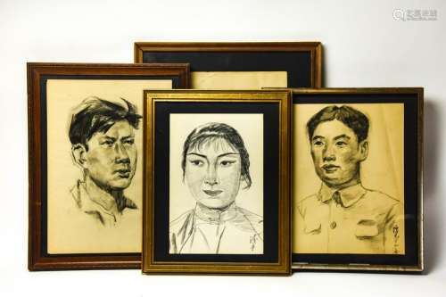 4 Chinese Portrait Pencil Drawings Signed