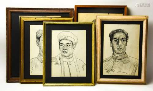 5 Chinese Portrait Pencil Drawings Signed