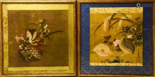 Pair Chinese Watercolor Prints of Flowers & Quails