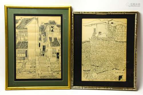 2 Chinese Signed Village Scene Ink Drawings