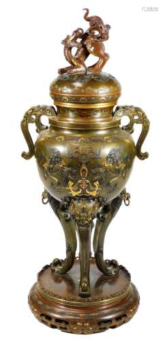 A fine Japanese two-colour patinated bronze koro, with gilt piquet work embellishments, silvered