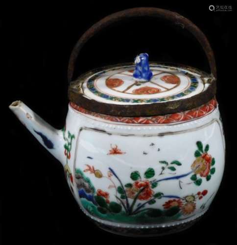 A Chinese Qing period porcelain tea kettle, decorated in famille vert colours with an Oriental