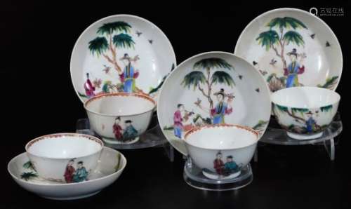 Four 18thC Chinese porcelain tea bowls and saucers, decorated with tall oriental figures within a