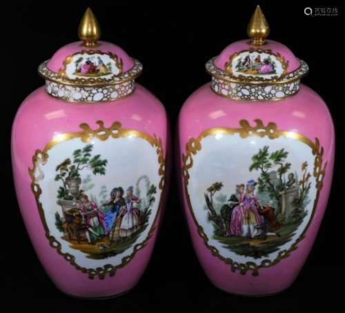 A large pair of continental porcelain vases and covers, in the manner of Helena Wolfsohn decorated