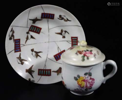 A late 18thC Chinese custard cup and cover, decorated with flower groups and a saucer decorated with
