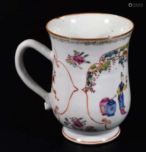 An 18thC Chinese porcelain baluster tankard, decorated with figures within a domestic scene, 12cm