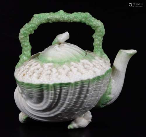 A Belleek 2nd period porcelain Nautilus pattern tea kettle, decorated in green, black Belleek