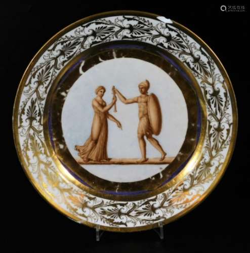 An early 19thC Doccia porcelain plate, classically decorated with figures of a warrior and maiden