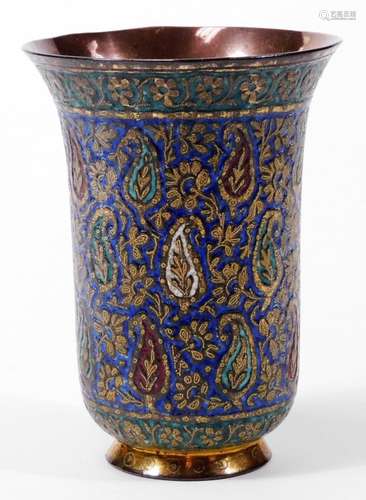 A 19thC Persian enamel and gilt metal beaker, with gilt coloured wirework floral decoration, on a