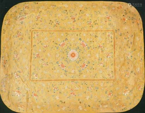 A Imperial Chinese Qing period brocade silk cushion cover, on yellow ground raised with exotic