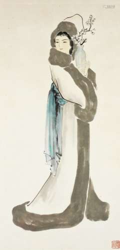 20thC Japanese School. Figure of a lady in flowing robes, mixed media, ink and wash on material