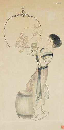 20thC Oriental School. Figure of a lady in flowing robes with parakeet, mixed media, wash on