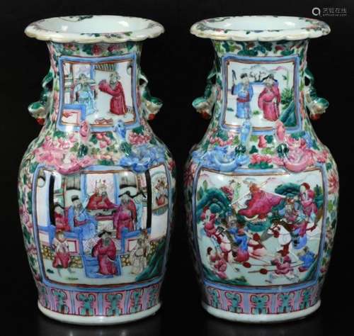 A pair of 19thC Chinese Cantonese famille rose baluster vases, decorated with figures at war and