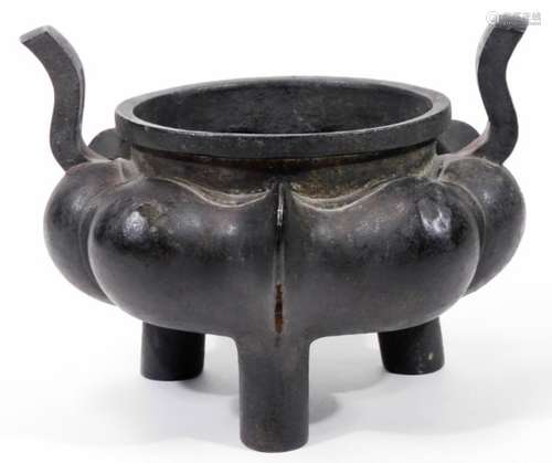 A Qing type Chinese bronze censer, of bombe form, with raised body, plain neck and shaped handles on