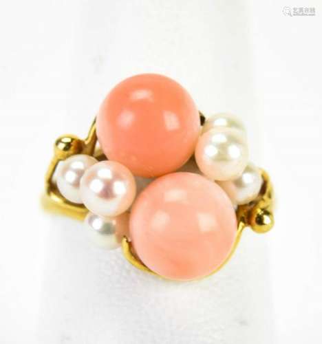 Estate 14kt Yellow Gold Pearl & Coral Cluster Ring