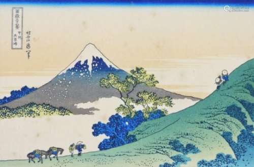 Katsushika Hokuski. Inume Pass in Kai Provence, wood cut, signed, 15cm x 23cm.