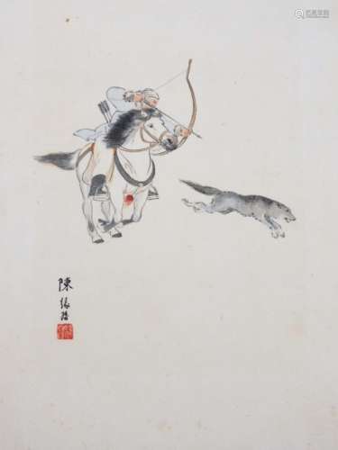 19thC Oriental School. Figure on horseback firing bow at wild dog, mixed media, signed, 37cm x