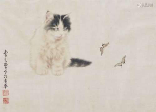 19thC Oriental School. Kitten and butterflies, mixed media on silk, signed, 25cm x 36cm.