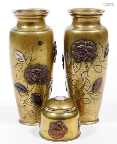 A pair of Japanese bronze baluster vases, late Meiji period, of shouldered form raised with