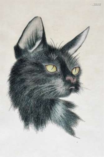 20thC Oriental School. Cat portrait, mixed media, on silk and material ground with outer floral