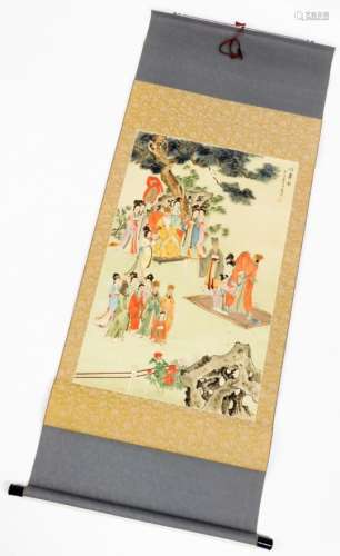20thC Oriental School. Figures in an exterior setting, mixed media, scroll, 64cm W.