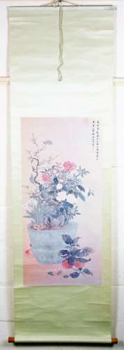 20thC Oriental School. Flowers on a material and paper ground, mixed media print, with printed