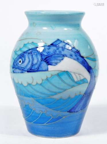 A Dennis China Works fish vase, decorated in blue glazes with fish, marked Dennis China Works S.T