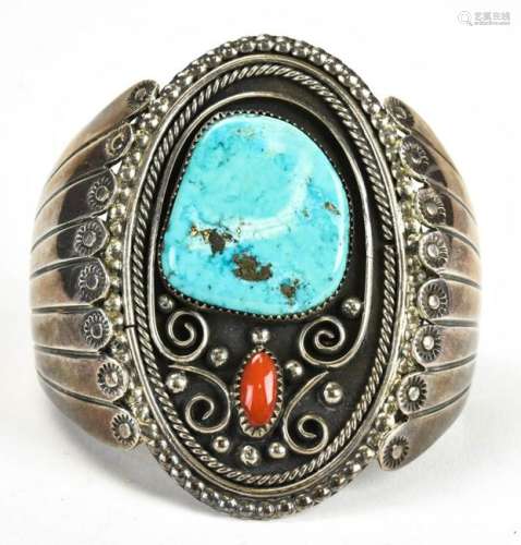 Huge Native American Silver Coral Turquoise Cuff