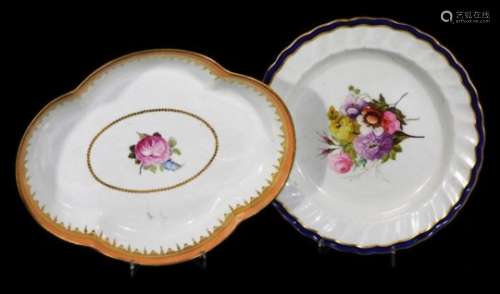 An 18thC William Billingsley Derby puce marked oval shaped dish, pattern 65 with a central rose with