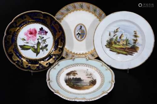 An early 19thC Derby porcelain blue mark armorial plate, within a gilt and floral border; c1800, a