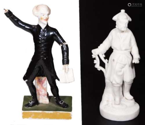 A mid 19thC Derby porcelain figure of Dr Syntax, reading a lesson while holding his hand out, raised