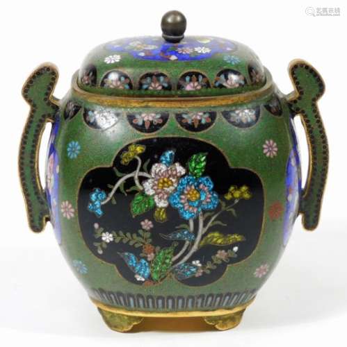 A 20thC cloisonné two handled sugar bowl, of bombe form, with shaped handles, the centre profusely