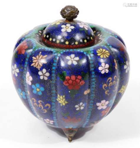 An early 20thC Chinese cloisonné jar and cover, of melon shape, with domed lid, profusely