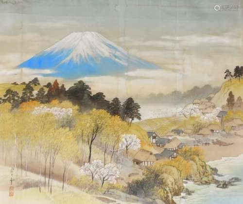 20thC Japanese School. Mount Fuji with houses and trees in the foreground, mixed media on silk, wall