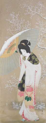 20thC Japanese School. A Geisha holding umbrella, mixed media on silk, wall hanging, 93cm x 39cm.