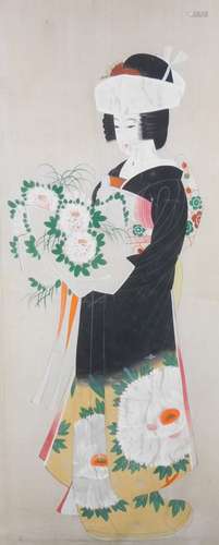 20thC Japanese School. Figure of a Geisha holding flowers, mixed media on silk, wall hanging, 93cm x