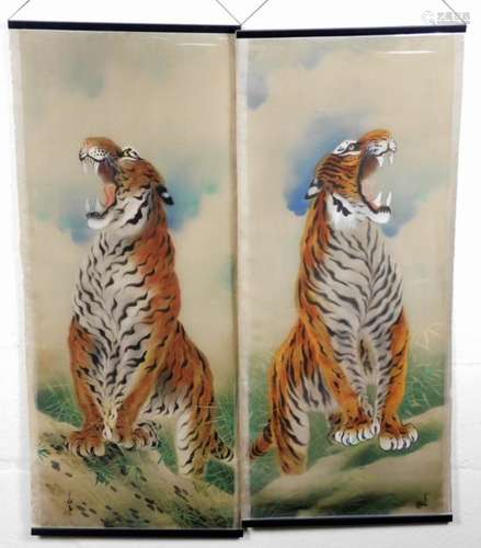 20thC Eastern School. Figure of tiger and another, mixed media, silk wall hangings, 95cm x 46cm. (