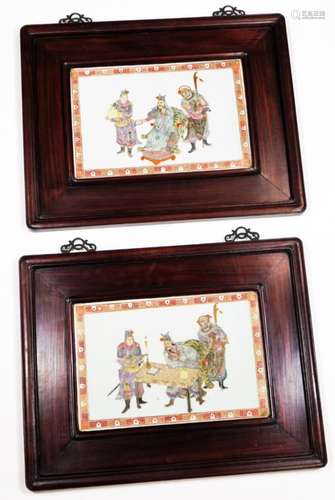 A pair of Chinese Republic porcelain wall plaques, each of rectangular form, polychrome decorated