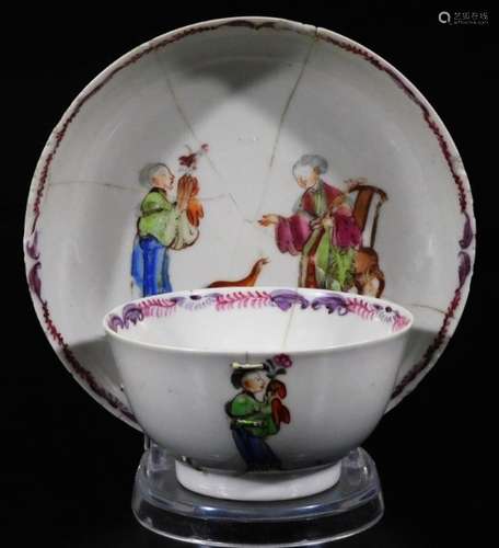 A Chinese Republic porcelain tea bowl and saucer, 13cm Dia. each polychrome decorated with figures