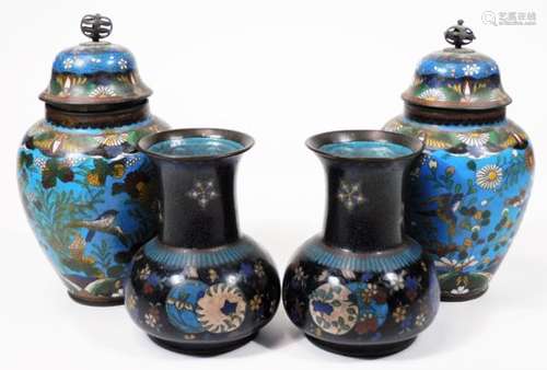 A pair of early 20thC Chinese cloisonné vases, each of shouldered circular form, decorated with